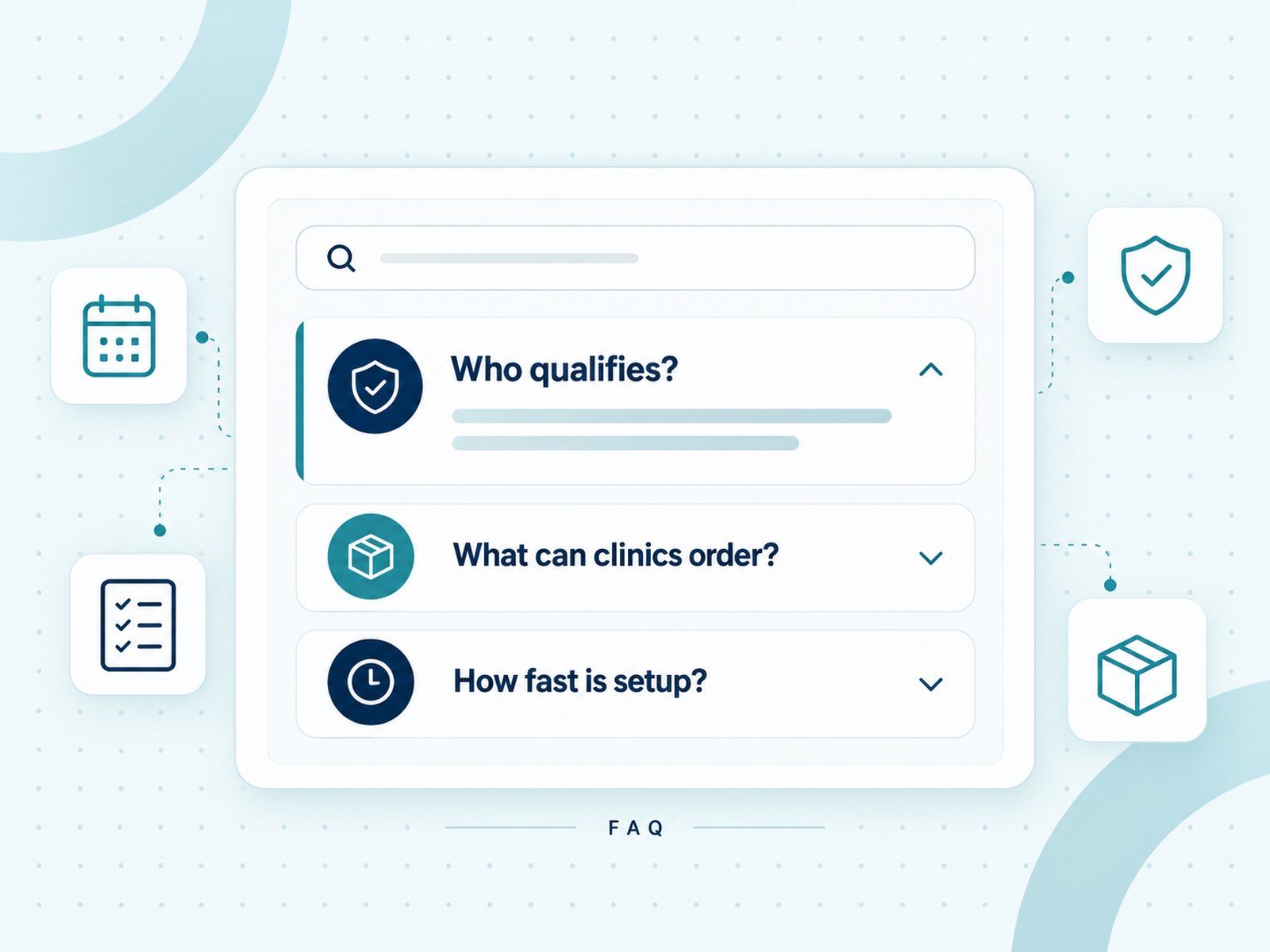 FAQ accordion: Who qualifies, What can clinics order, How fast is setup