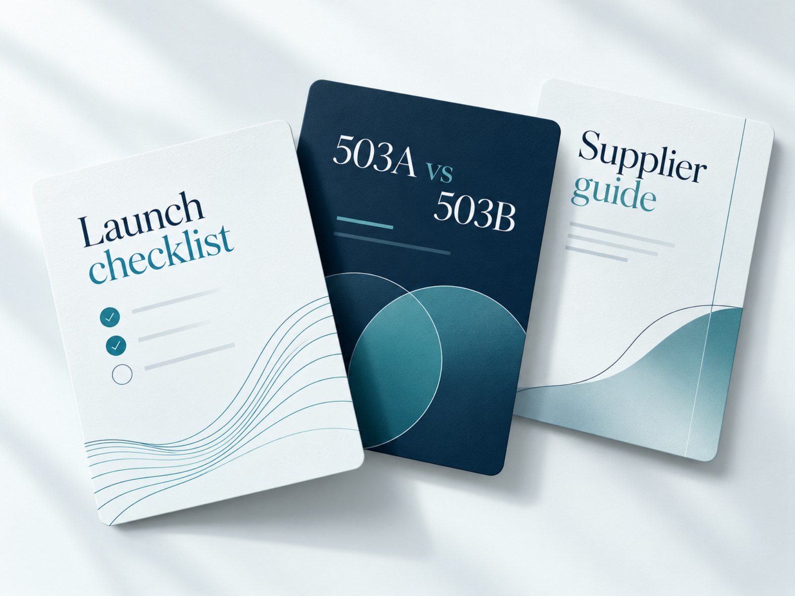 Stacked resource guide cards: launch checklist, 503A vs 503B, and supplier guide
