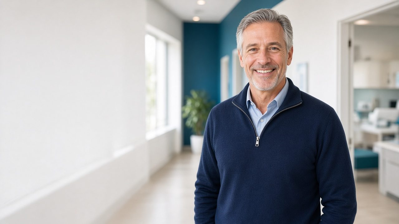 Physician in a navy sweater standing in a bright clinic hallway